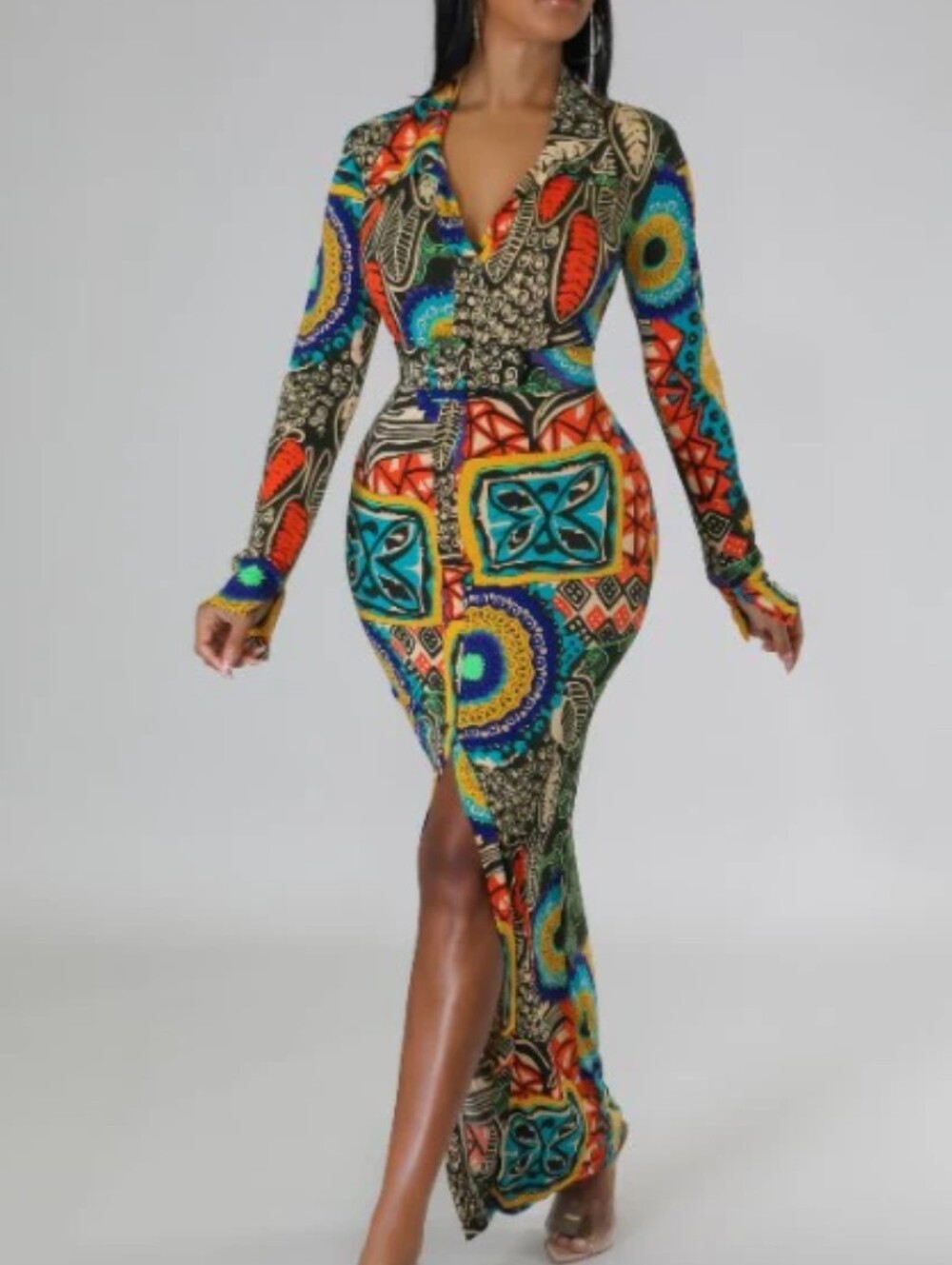 Goodtime USA Boho Multicolor Bold Festival Long sleeve Maxi Dress‎ 6 (See Pics)